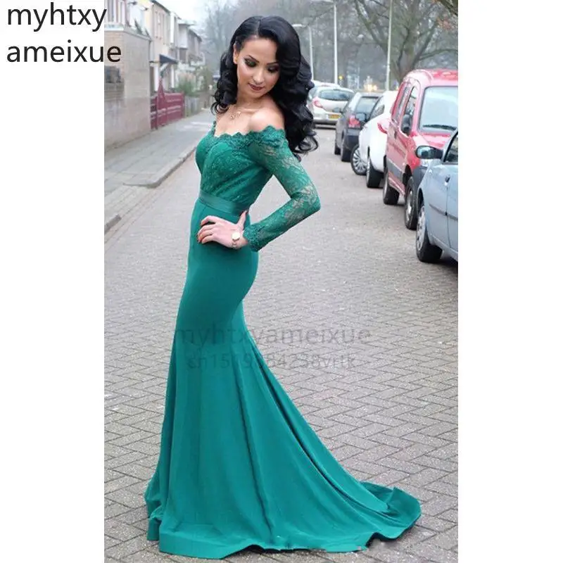 Женское вечернее платье-русалка длинное зеленое платье с кружевными рукавами и