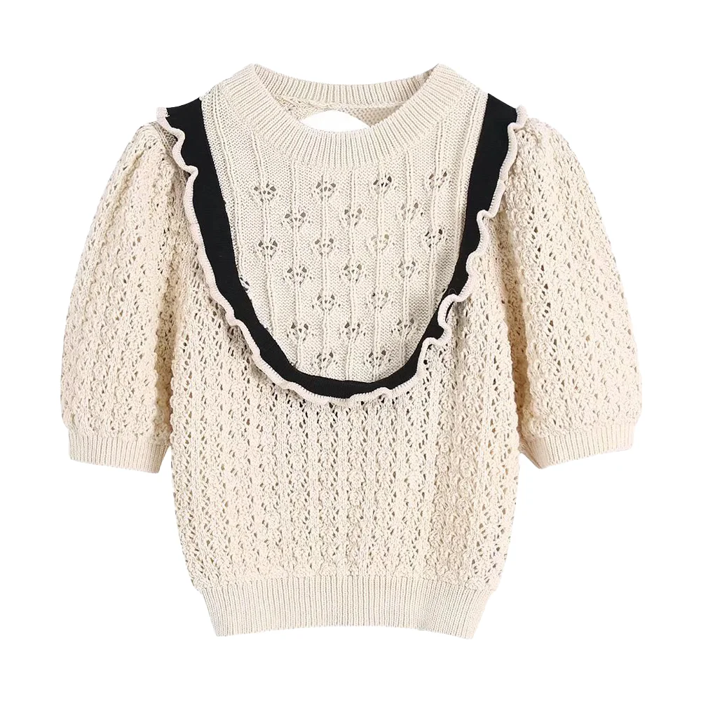 

Women's 2022 Fashion New Layered Decorative Knit Top Casual Short Sleeves Vintage Hollow Out Short Female Chic Pullover Sweater