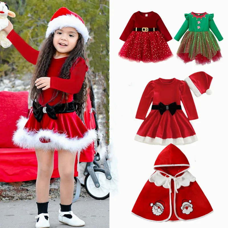 

Girls Christmas Dress Long Sleeve Red Velvet Princess Fur Dress for Girls Winter Bowknot Dress Autumn Girl Clothes New Year Gift