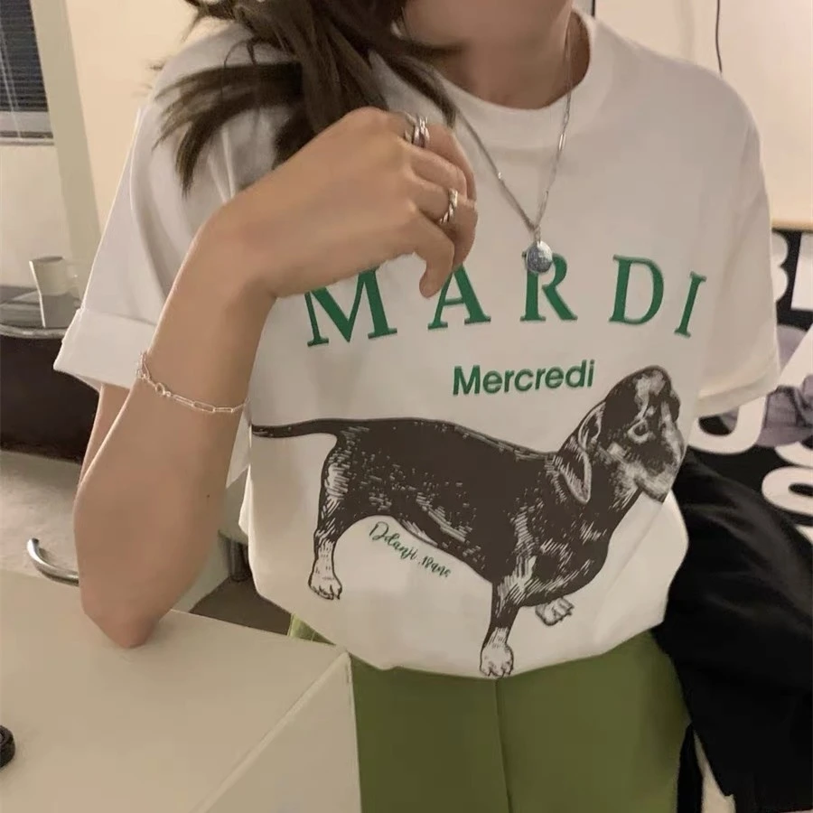

Mardi T-shirts Women T Shirts Dachshund Printing Dog Tops Tee Soft Cotton Korean Patter Teenagers Oversized Crew Neck Streetwear