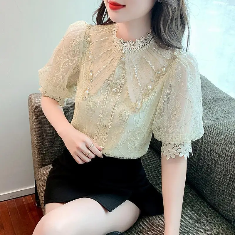 

Blouse female 2022 summer French fairy bubble sleeves light stand lace embroidered hook flower short sleeve blouse female tops