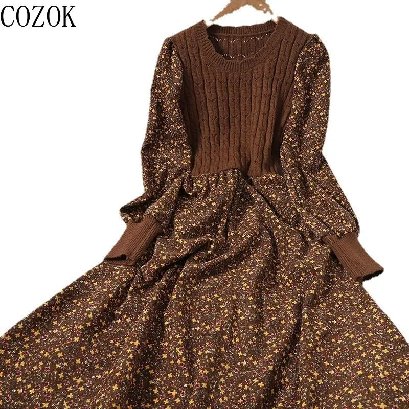 Autumn and Winter New Patchwork Lace up Slimming Knitted Dress Fashionable All-Match Corduroy Floral Dress