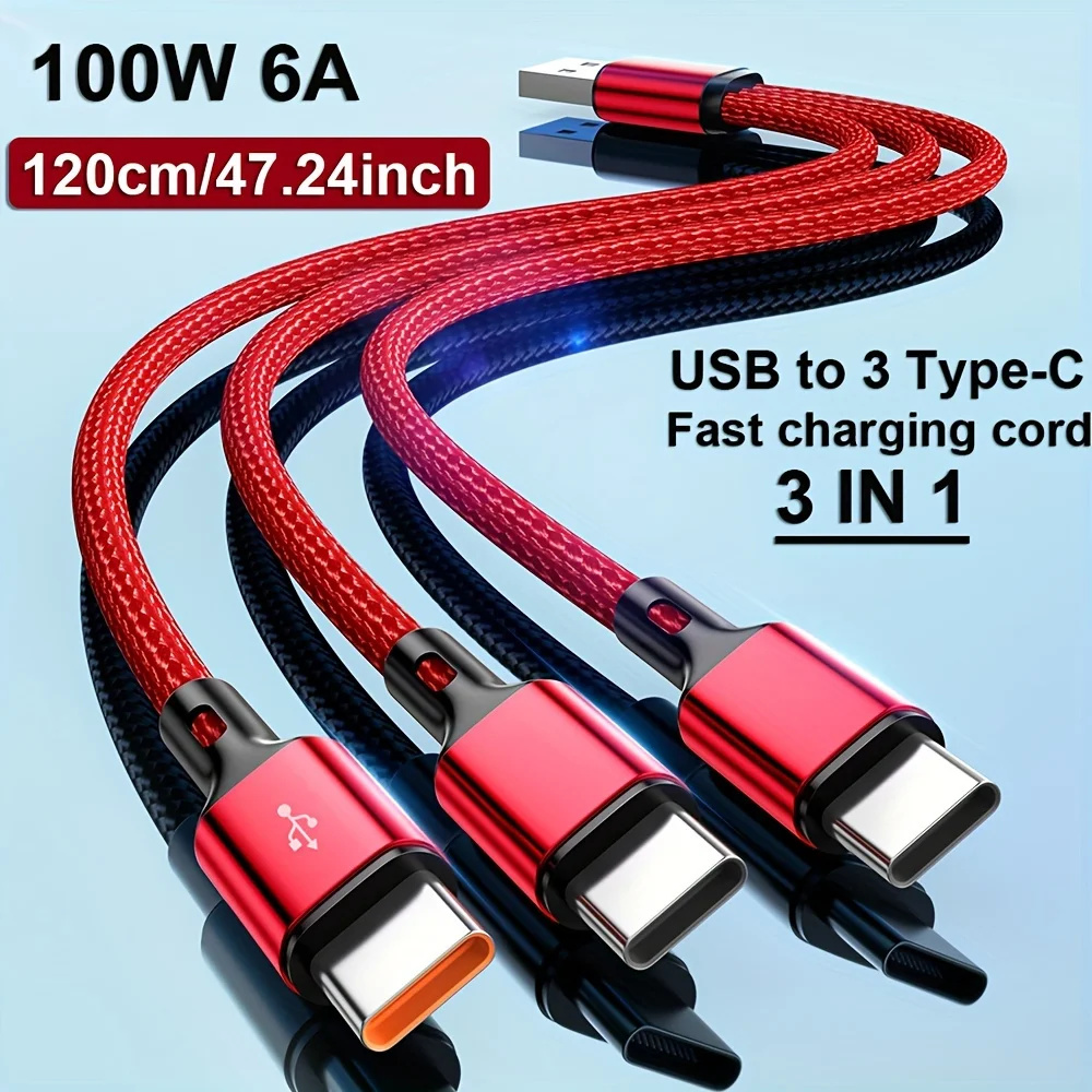3 в 1 USB на × Тип - C Кабель 100 Вт 6 А для быстрой зарядки Samsung S24 Xiaomi Huawei android телефон usb c