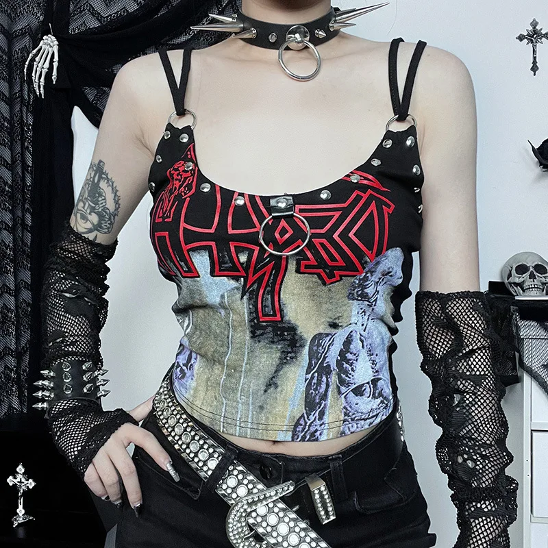 

Sexy Rivet Cropped Tops for Women Tanks Shirt Camis Goth Gothic Style Graphic Clothes Alt Streetwear Punk Style Croptop