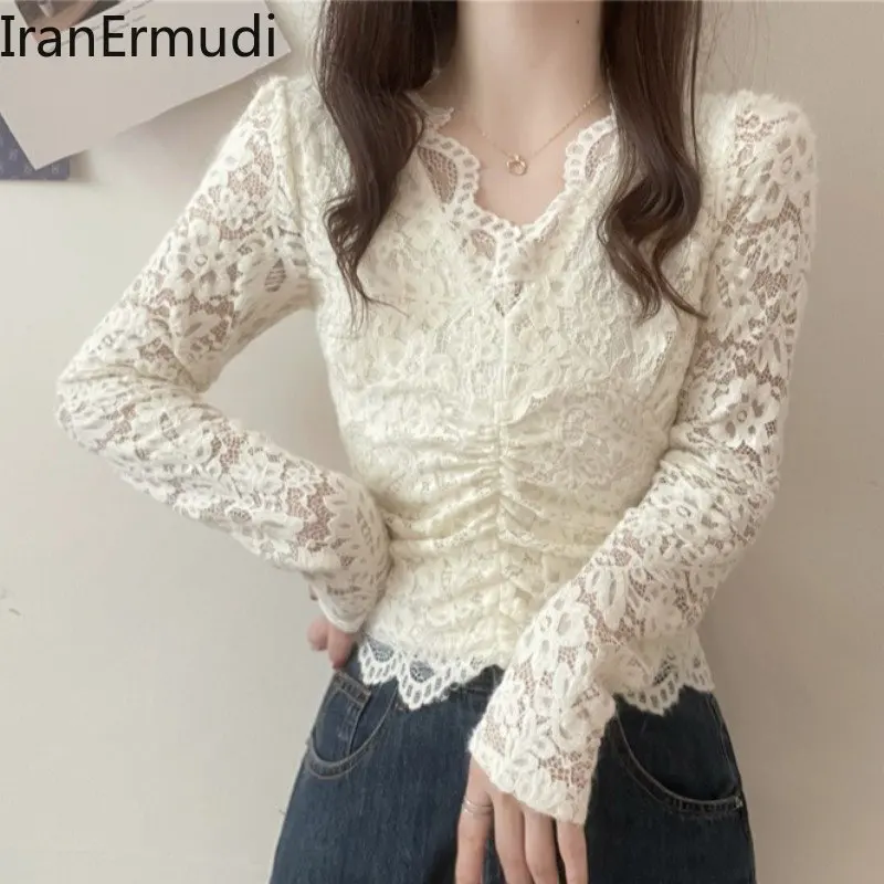 

Iranermudi Fashion Women Long Sleeves Blouse Office Lady V Neck Slim Lace Shirt Korean Blouses Fleece Warm Chick Winter Blusas