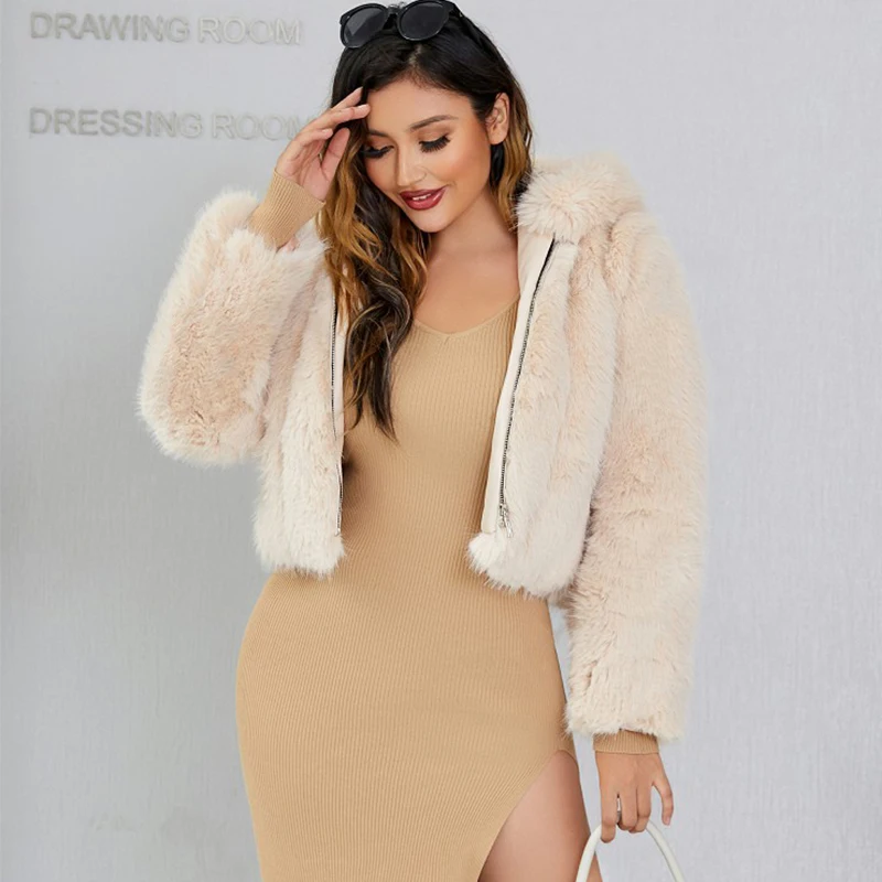 High Quality Furry Cropped Faux Fur Coats and Jakcets Women Fluffy Top Coat Hooded Winter Fur Jacket Zipper Warm Outerwear