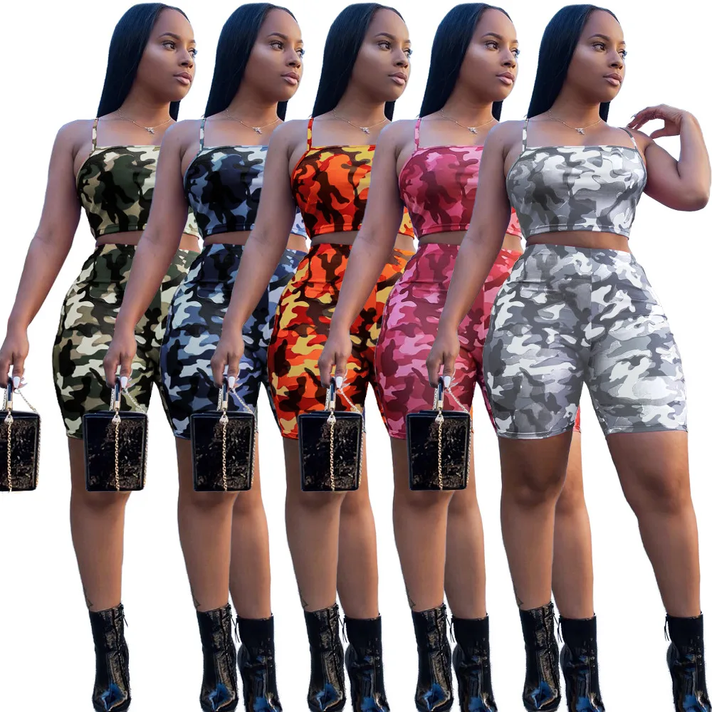 

GL6019 Women's Casual Two-piece Summer Fashion Sexy Camouflage Print Wrap Chest Shorts Sports Suit