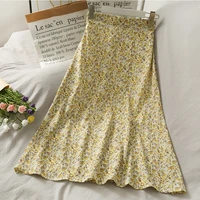 hong kong style retro small floral mid length high waist skirt female spring 2022 was thin and versatile thin large length skirt