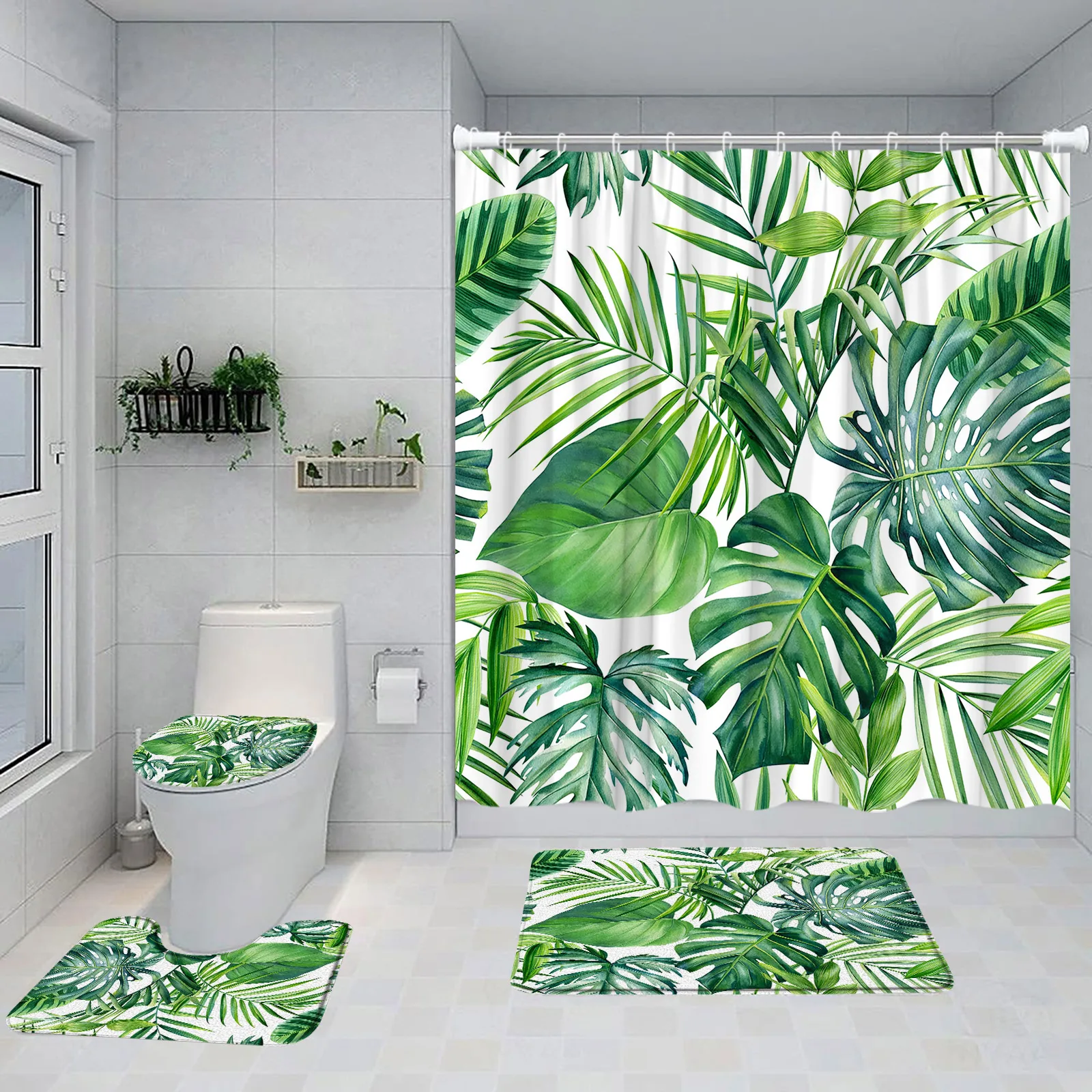 

Набор тропических листьев для душа, Зеленые пальмовые листья, монстеры, акварельные растения, коврики для ванной комнаты, Декор, нескользящий чехол
