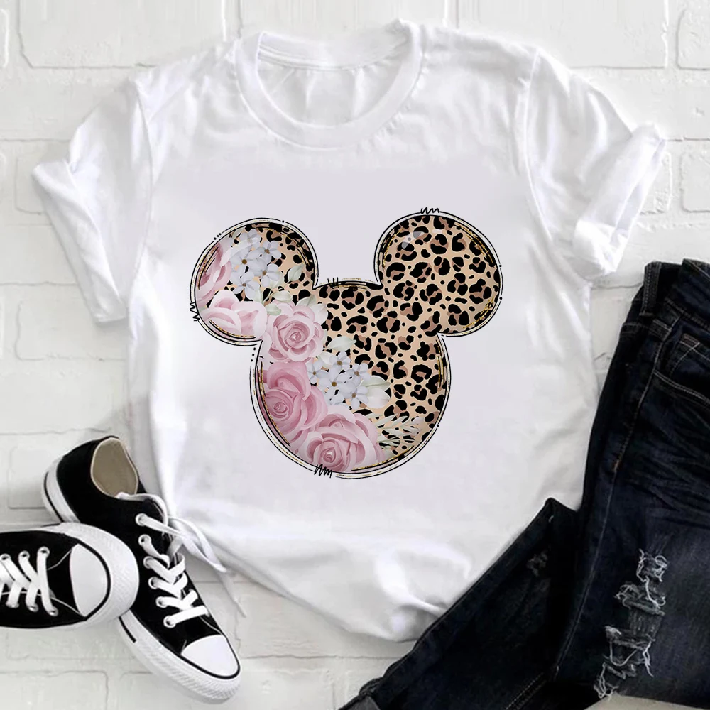 

Fashion Disney Women T Shirt Trend Short Sleeve Minnie Mouse Leopard Series Print Female T-Shirt Exquisite Cartoon Lady Tops Tee