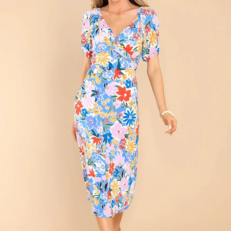 

2023 European and American Women's Summer New Printed Long Dress Women's V-neck Short Sleeve Temperament Commuter Dress