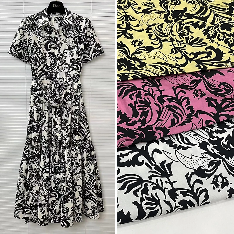 

Trendy European and American fashion shows pure cotton plant printed fabric high-end customized fabric for women's skirts