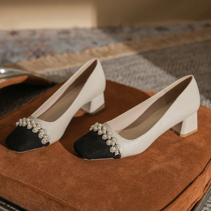 2023 Spring And Autumn New French Square Headed Thick Heels and Shallow Mouth Colored Beaded Thick Heels for Women Shoes