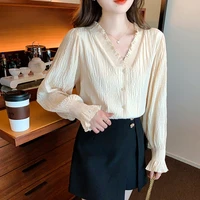 2022 spring women vintage loose puff sleeve casual shirts chiffon v neck straight blouse and tops