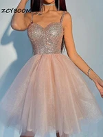 sparkle shine ball gown a line puffy cocktail spaghetti straps sleeveless knee length tulle glitter sequined party prom dress