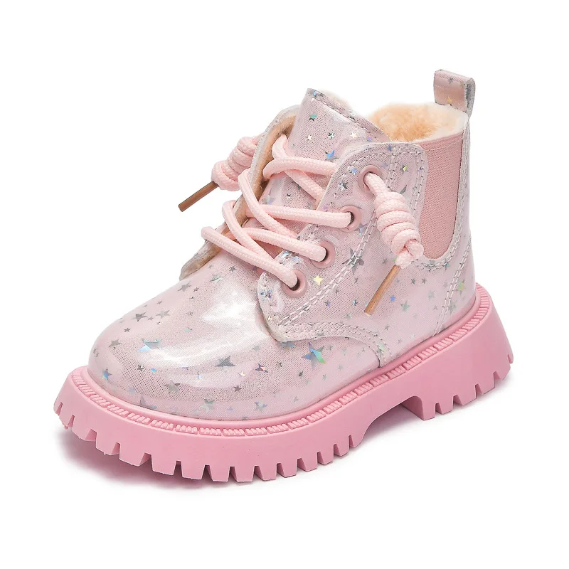 Модные милые яркие кожаные полусапожки для малышей зимние плюшевые теплые