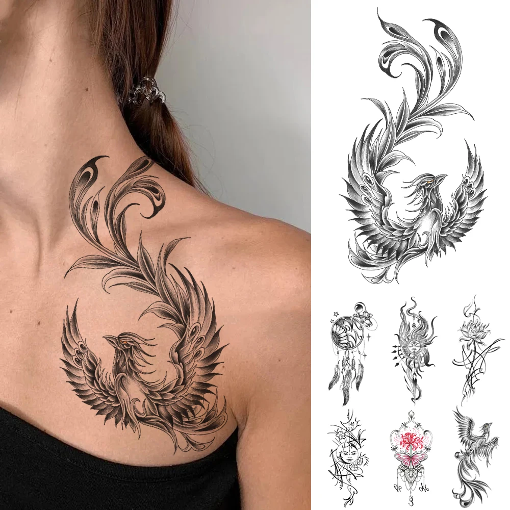 

Chinese Style Waterproof Temporary Tattoo Sticker Black Phoenix Dragon Lotus Women Men Harajuku Tatoo Arm Body Art Fake Tattoos