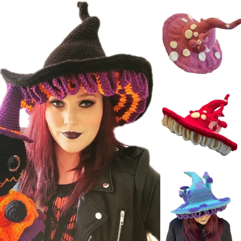 

50JB Wicked Witch Hat Knit Hats for Women Halloween Decorations Costume Accessories
