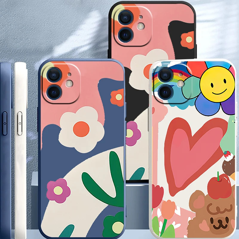 

INS Color Flowers Cases For iPhone 13 12 11 Mini Pro XR X XS Max For 6 6s 7 8 Plus Liquid Silicone Phone Funda Couqe Capas