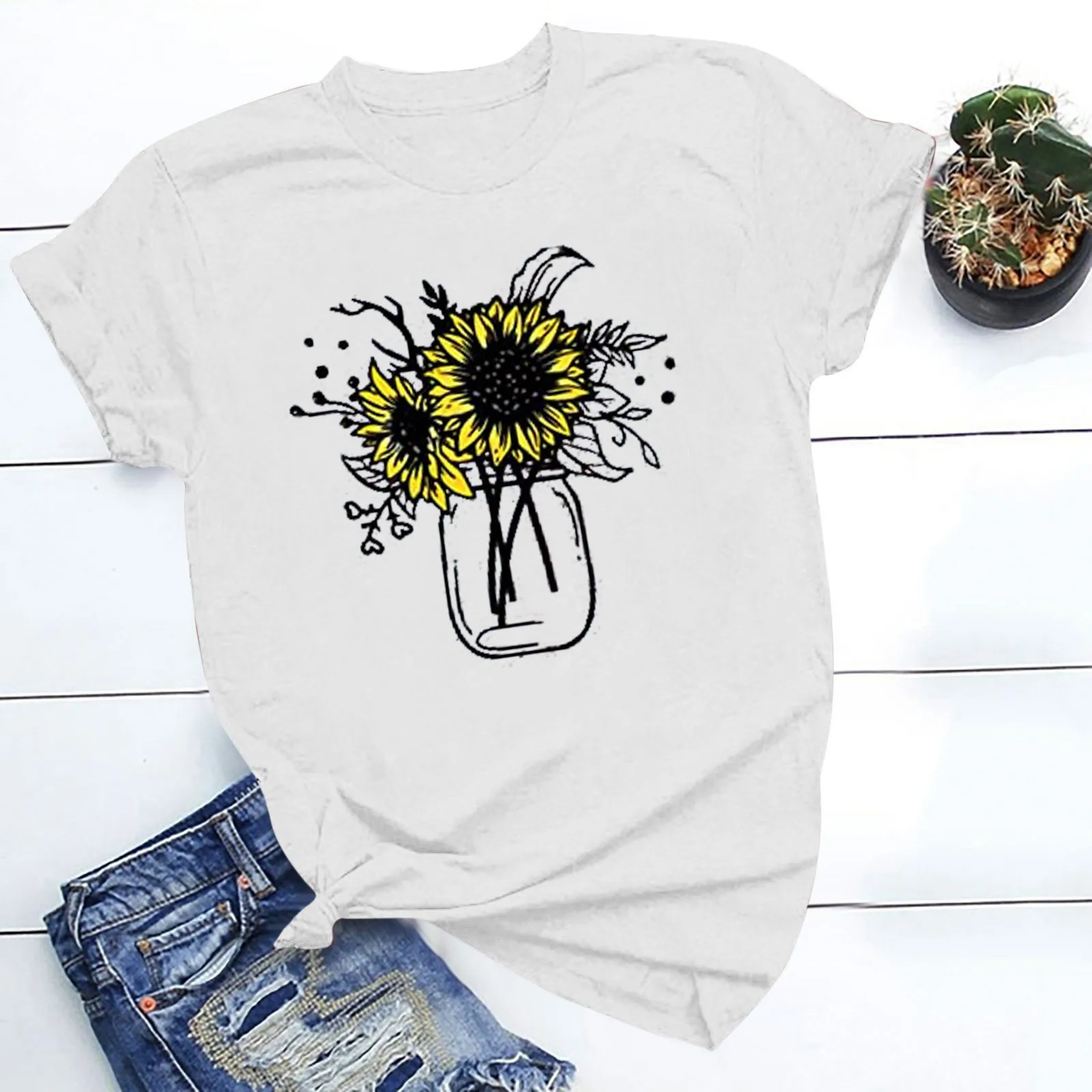 

Женский Летний милый цветочный букет, графическая Повседневная рубашка для отпуска с подсолнухом и вазой, женский летний топ