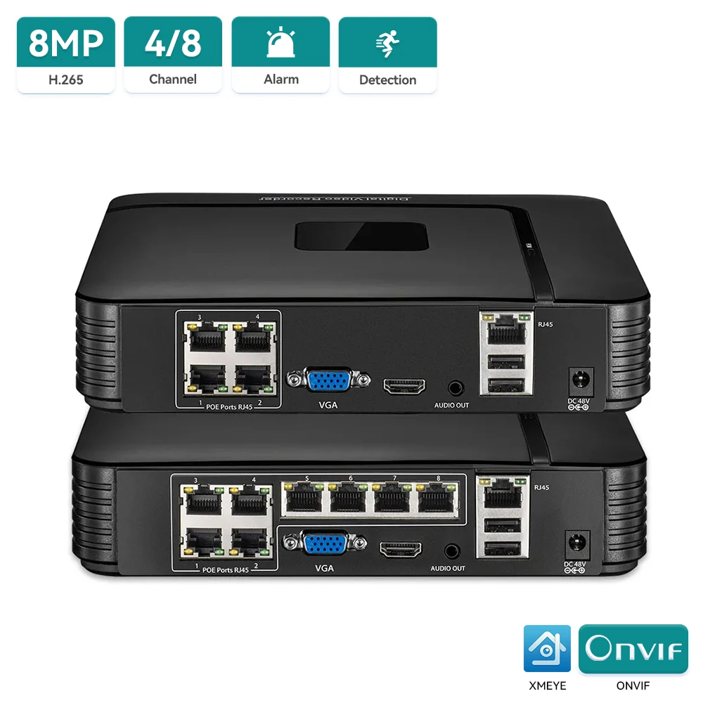 Фото 4K 8МП Ultra HD POE NVR 4/8-канальный видеорегистратор IEEE802.3af 48В POE для IP-систем безопасности с распознаванием лиц Xmeye и удаленным доступом H.265 №2