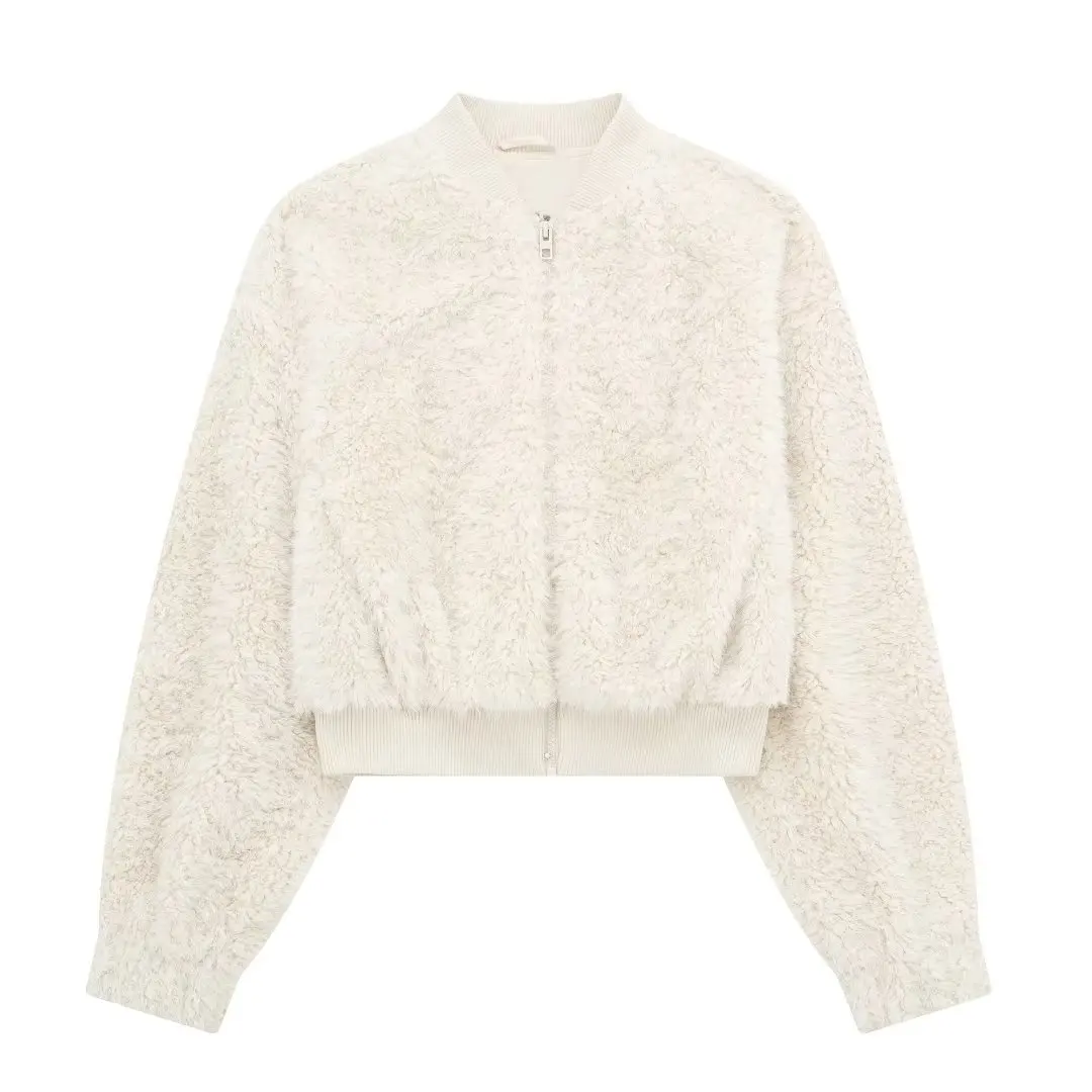 

Куртка-бомбер женская короткая на молнии, модная винтажная Повседневная Верхняя одежда с длинным рукавом и эффектом искусственного меха, верхняя одежда в стиле шик