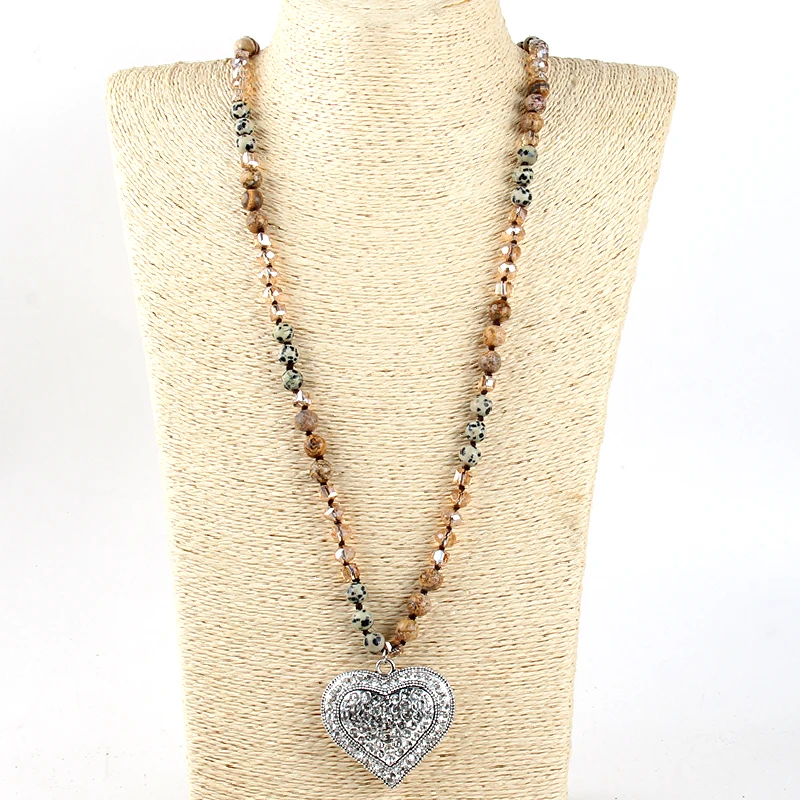 

RH Fashion Bohemian Jewelry 8mm Stone&Crystal Knotted Stone Crystal Heart Pendant Necklace For Women Festival Gift