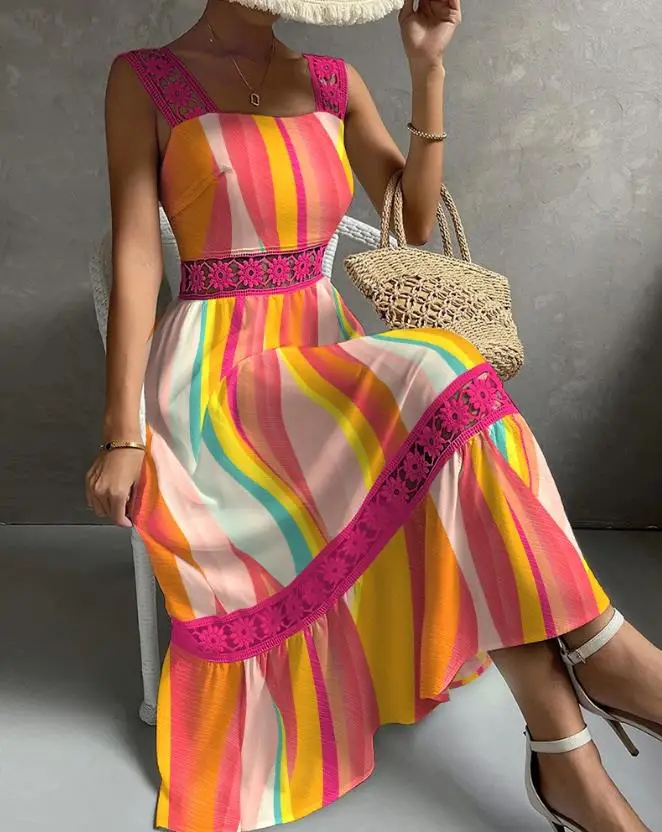 

Elegant and Pretty Women's Dresses Summer 2023 Sweet Floral Print Lace Patch Sleeveless Maxi Dress Square Neck Sleeveless Dress