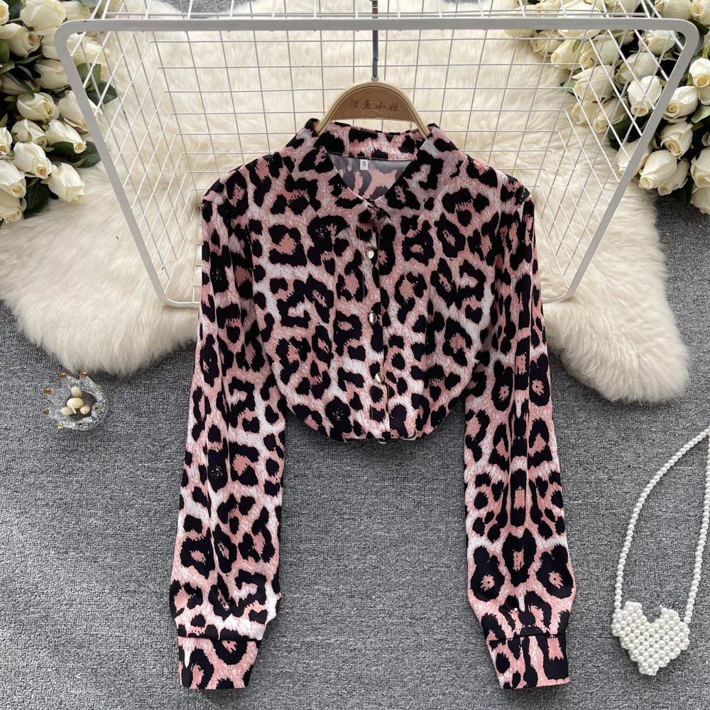 

Осенняя новая приталенная рубашка с леопардовым принтом с длинными рукавами и завышенной талией внутри, шикарный Свободный Топ