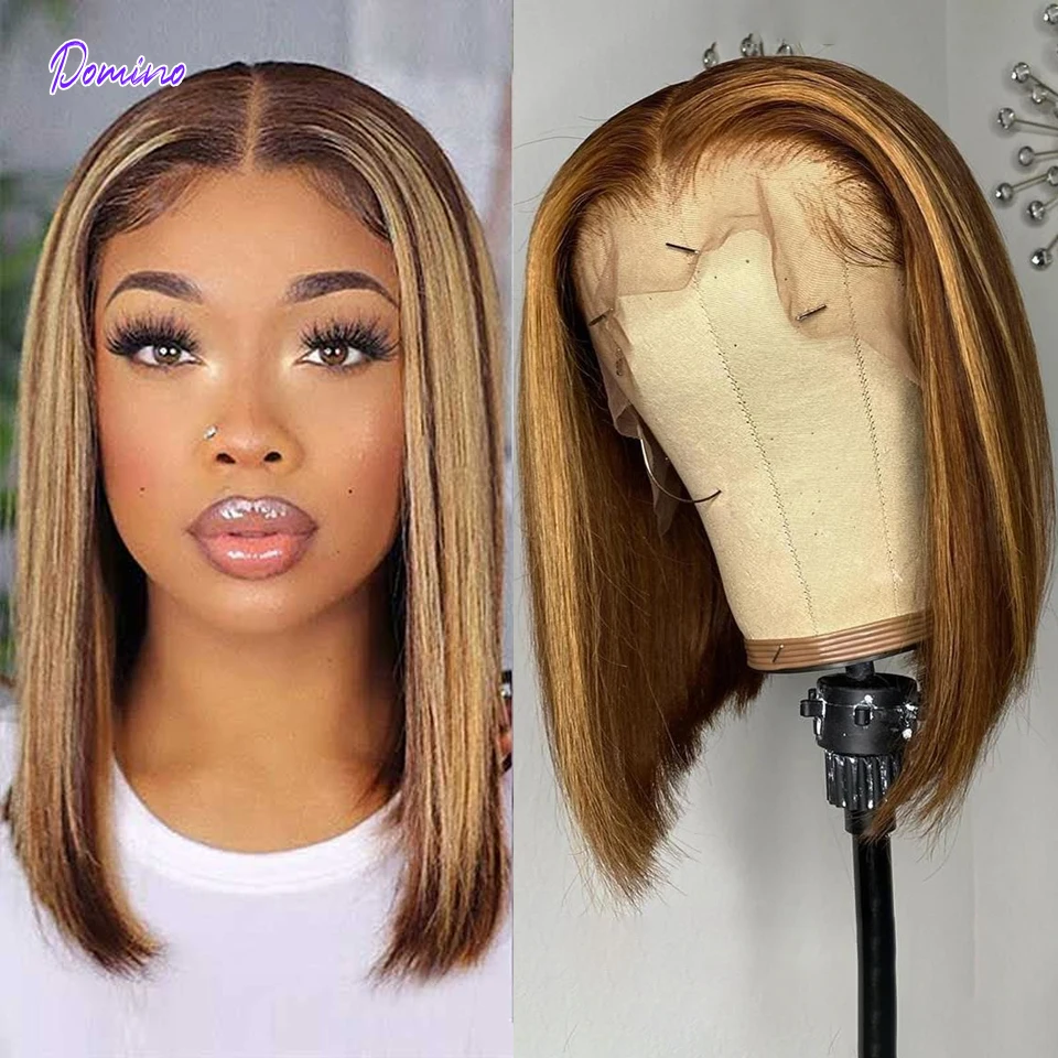 

Domino Highlight Bob Wig Human Hair Brazilian Ombre Lace Closure Wig T Part Human Hair Wig Short Bob Human Hair Wig For Women