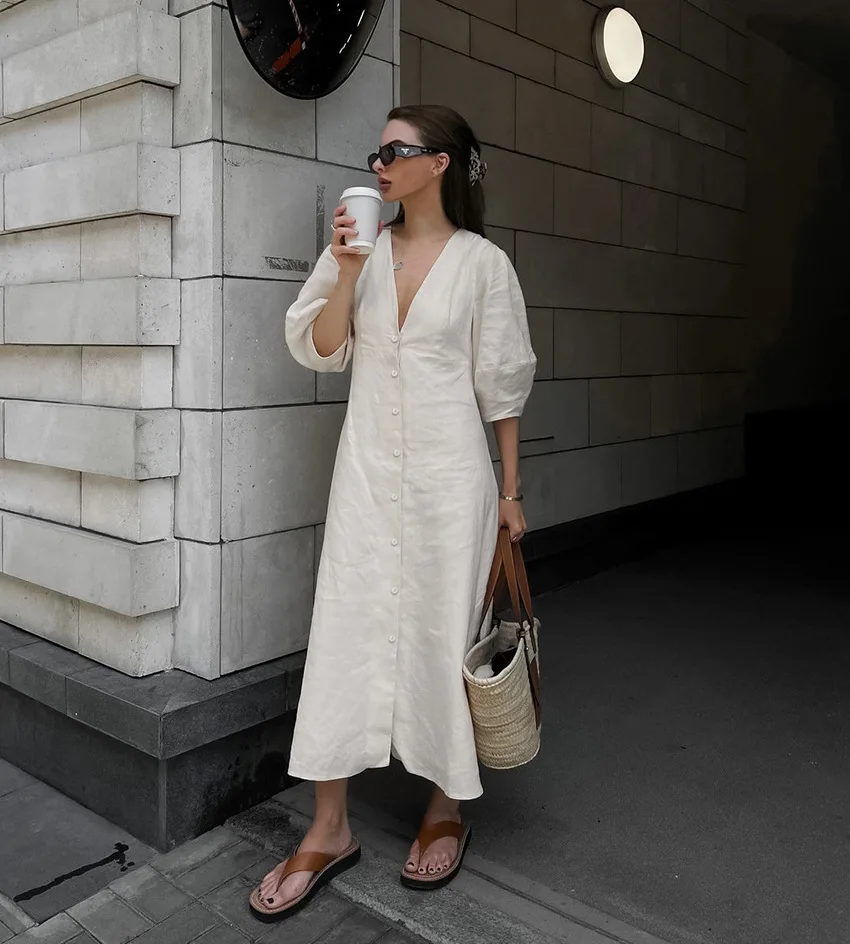 

Summer Beige Linen Dress Women Clothing 2023 French Light Long Dress Elegant V-Neck Puff Sleeve Fashion Backless A-Line Dresses