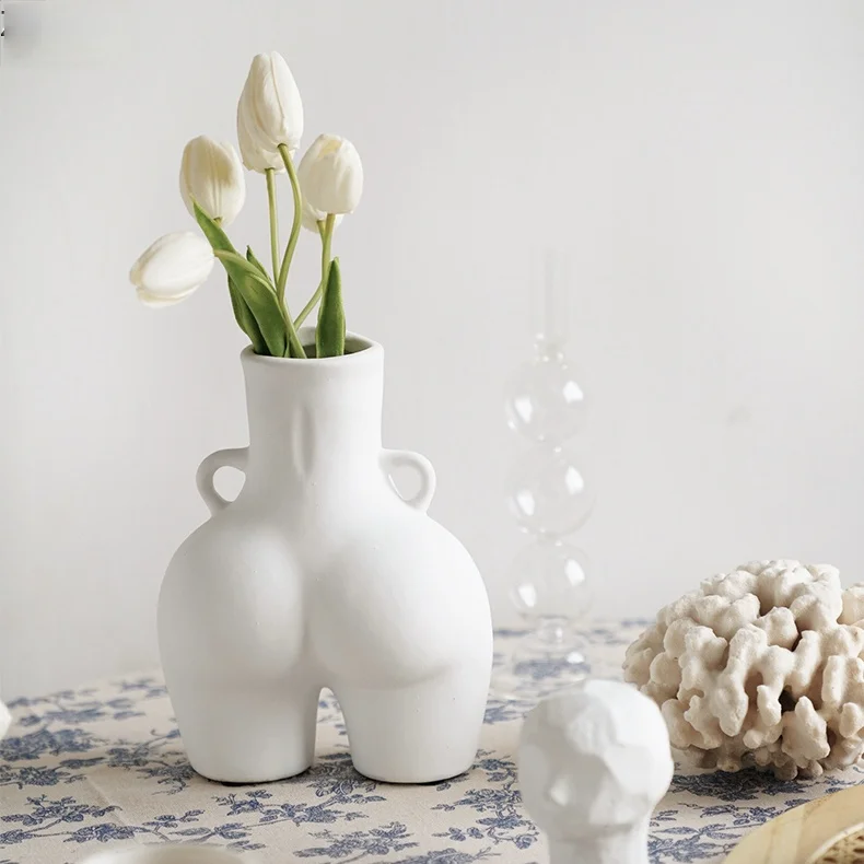 

White Ceramic Resin Art Vase Dried Flowers Arrangement Desktop Ornaments Modern Human Body Vases Crafts Home Office Decor Gift