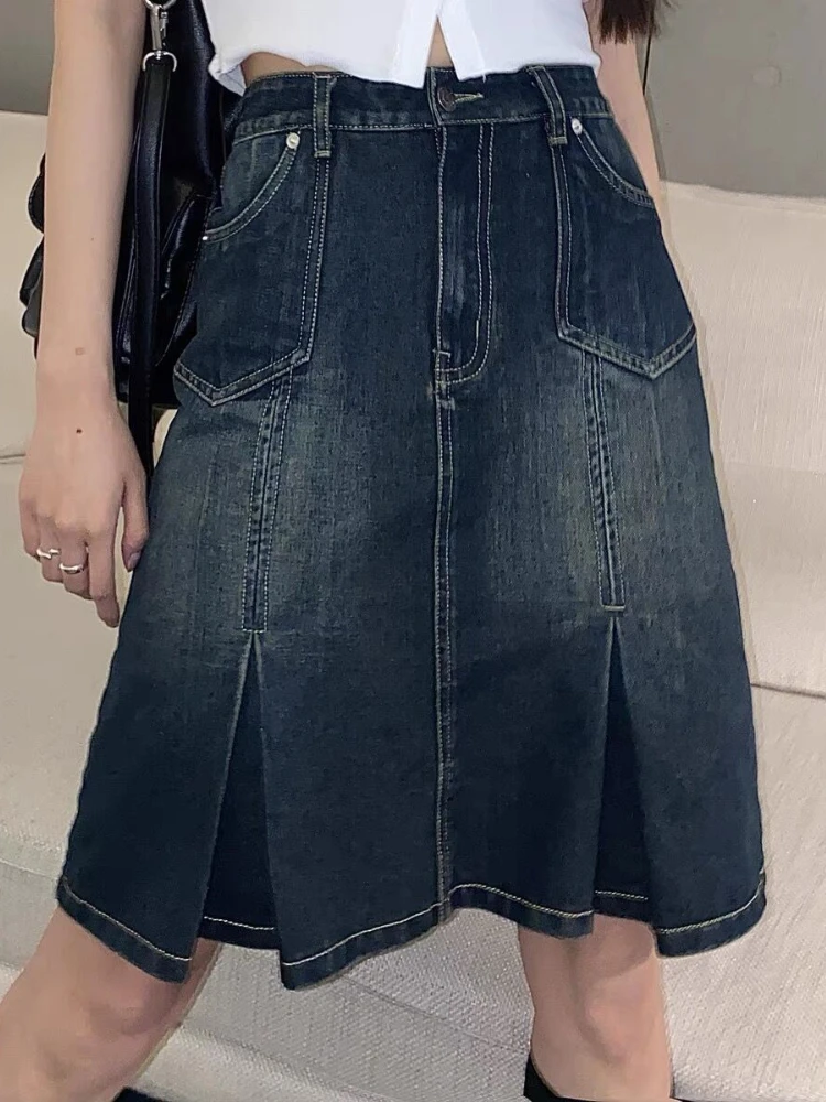 

HOUZHOU Vintage Denim Skirt Women High Waist Pleated Short Skirt Preppy Style Sweet Summer Korean Fashion Goth Y2k Outfits
