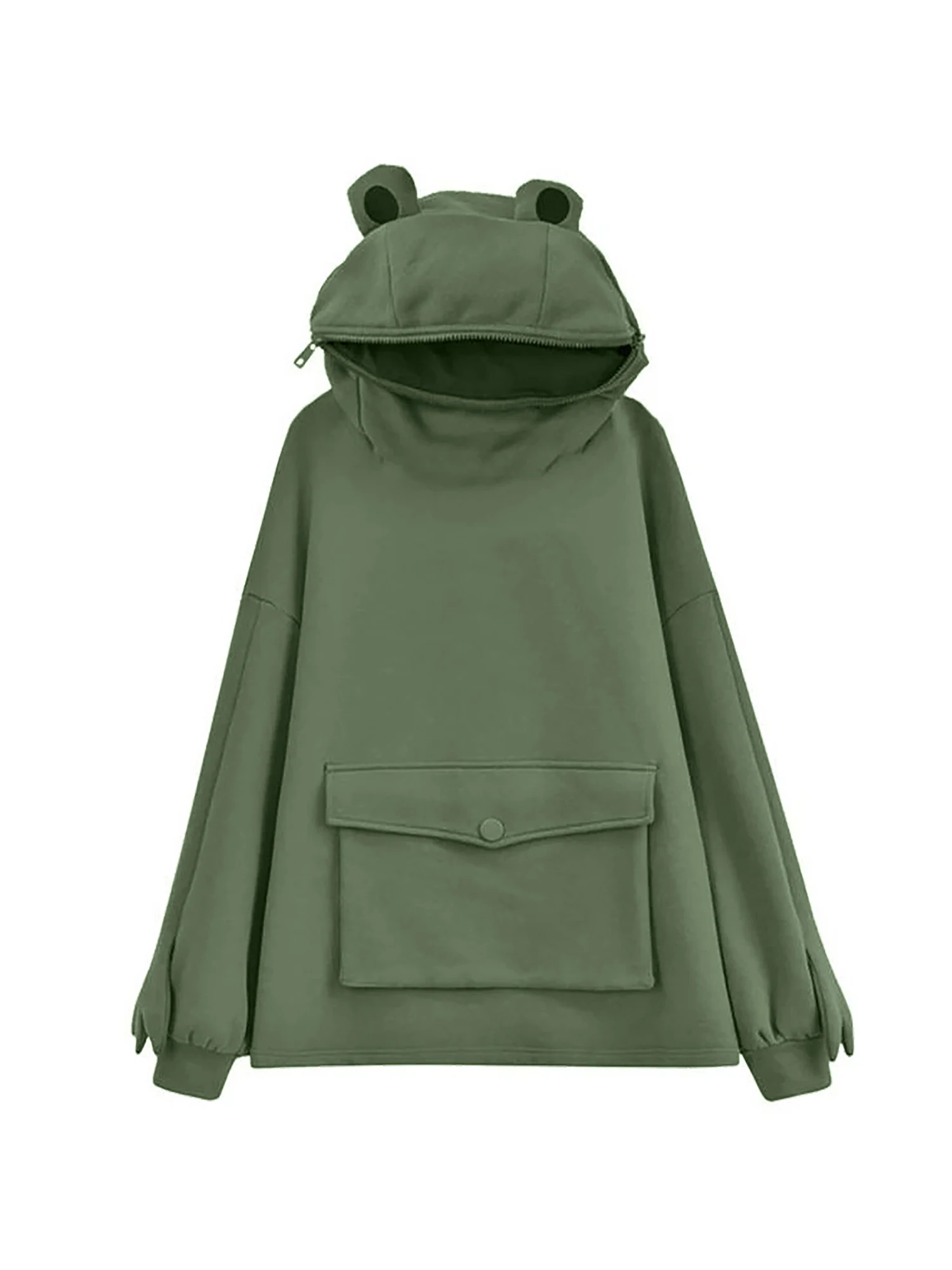 Autumn Winter Frog Hoodie for Women Sweatshirt Solid Color Hooded with Flap Pocket Casual Fashion Lazy Style Coat Loose Top