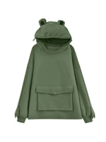 autumn winter frog hoodie for women sweatshirt solid color hooded with flap pocket casual fashion lazy style coat loose top