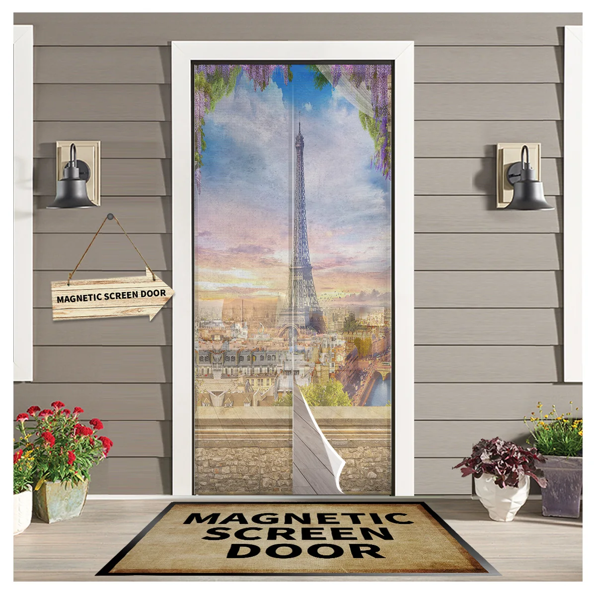 

Paris Scenery Building Balcony Kitchen Door Curtain Tool-free Magnetic Screen Insect-proof Door Curtain Bedroom Hanging Curtain