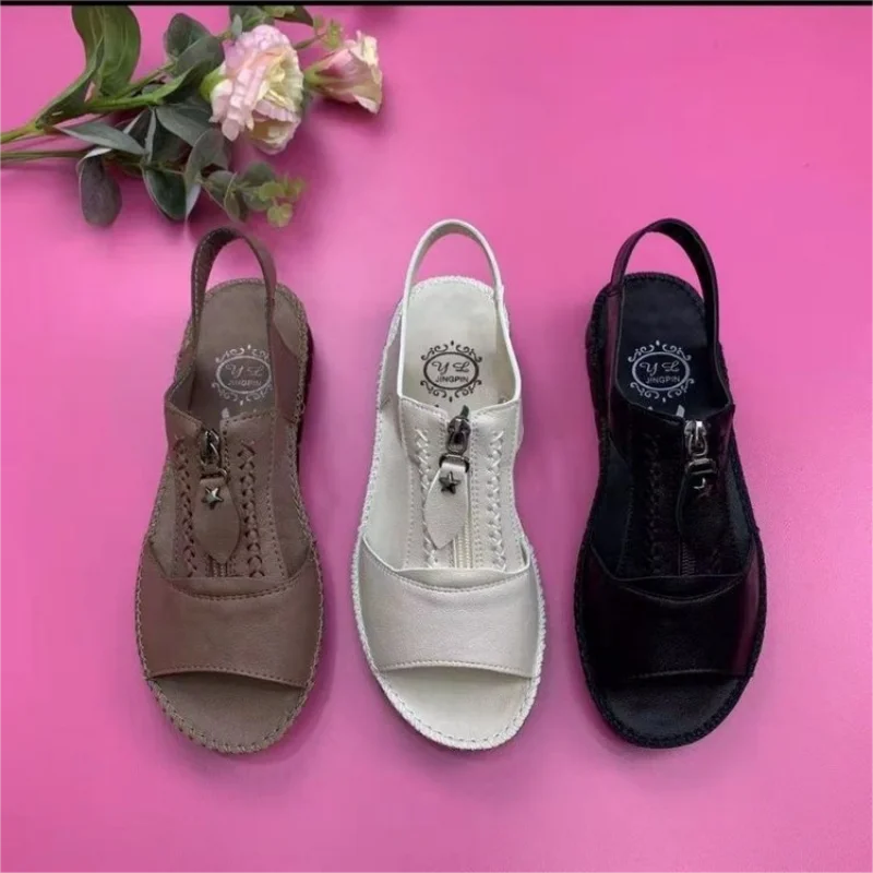 Summer Shoes for Women Sandals Pu Leather Comfort Mother Shoes Zipper Flat Solid Color Plus Size Fashion Sandalias De Mujer