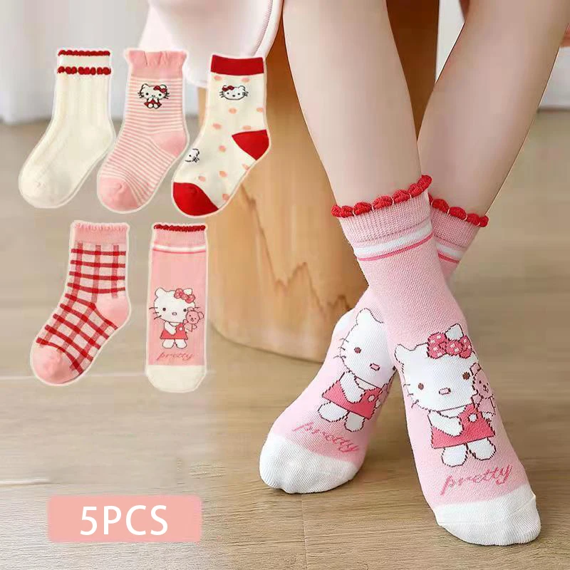 

5 шт., детские кружевные носки с принтом Hello Kitty