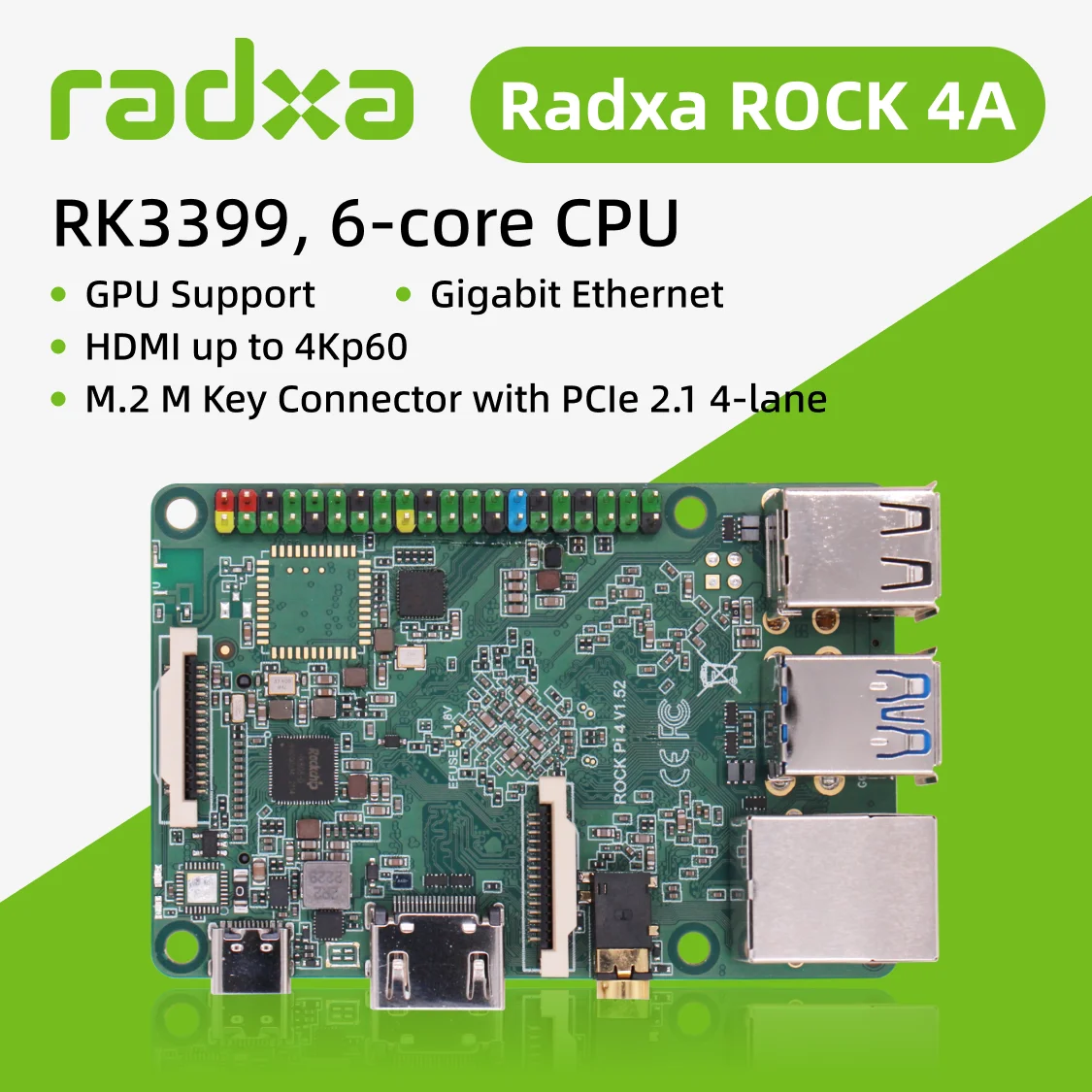 Фото VivaCTRadxa ROCK 4A RK3399, 6-ядерный процессор SBC, HDMI с поддержкой 4K, Gigabit Ethernet и PCIe 2.1, одноплатный компьютер №2