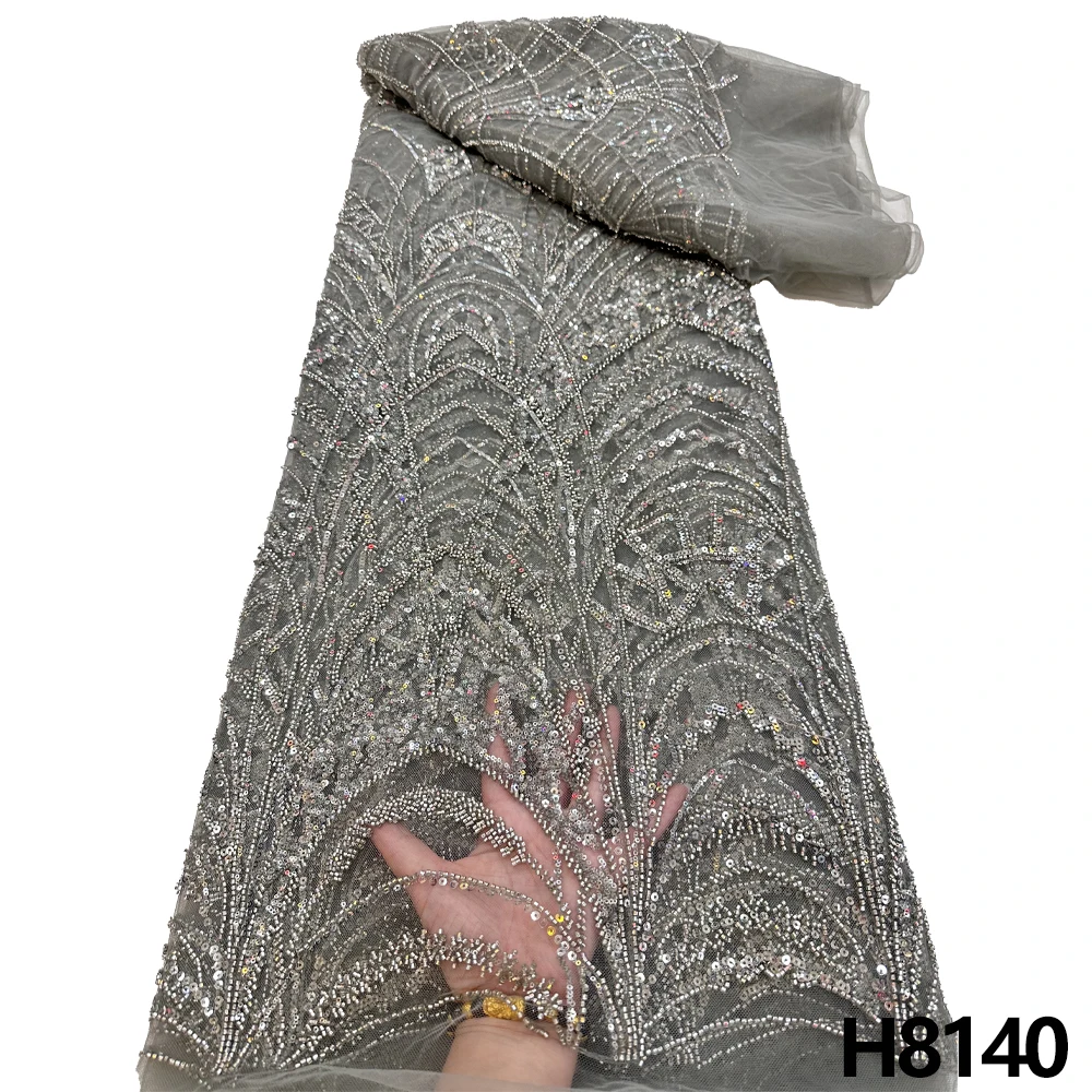 

HFX African Heavy Beaded Lace Fabric 2023 High Quality Nigerian sequin French tulle Lace fabric material for wedding party 5yard