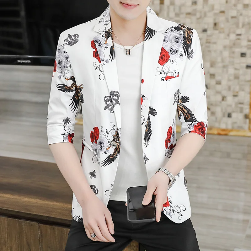 

HOO 2022 Men's Middle-Sleeve Floral-Print blazer Youth Three-Quarter Sleeve Thin blazer