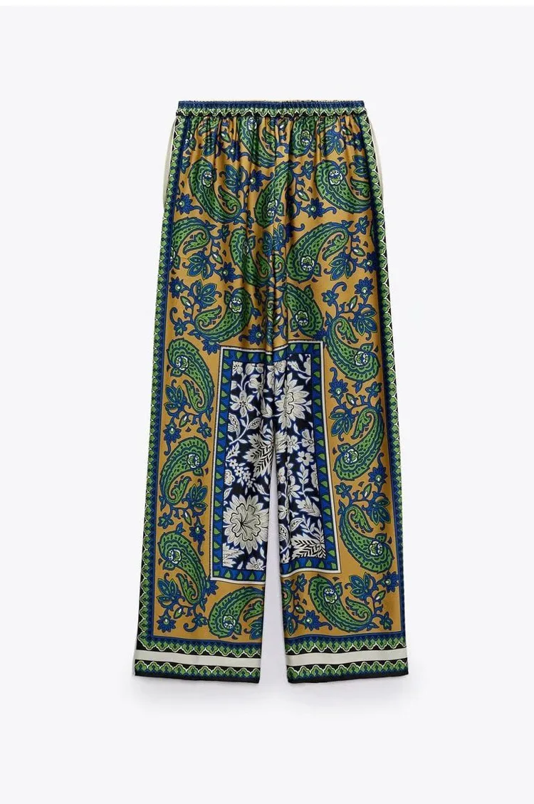 

Summer Women Fashion Side Pockets Totem Print Wide Leg Pants Vintage High Elastic Waist with Drawstring Female Trousers Mujer