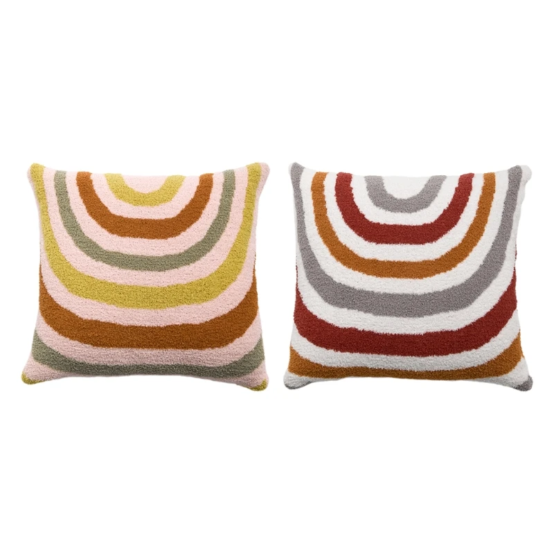 

New Boho Woven Tufted Throw Pillow Case Colorful Rainbow Stripe Square Cushion Cover