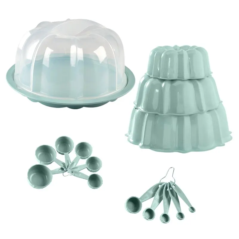 

Bundt Baking & Measuring set, Bundt, Plastic Keeper, Measuring Spoons and Cups, Sea Glass Blue