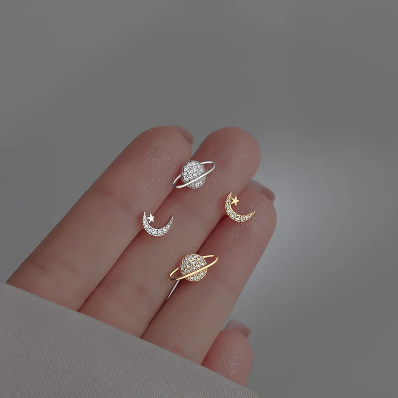 Простые серьги-гвоздики для женщин звезда луна циркониевые асимметричные