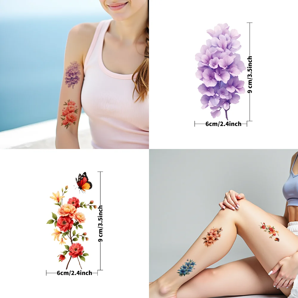 9 шт., временные татуировки с цветочным принтом, водостойкая долговечная наклейка для тела, роза, бабочка, пион, цветок, татуировки для взрослых, наклейки для рук, ног (art.: 3920cf37bb143) - 3920cf37bb143