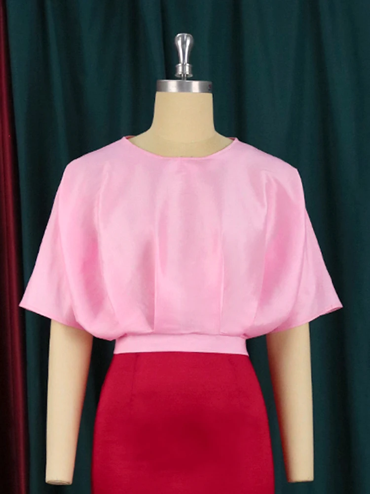 Pink Short Tops Plus Size 4XL O Neck Short Sleeve Pleated Pullover Crop Top Women Shirts Blouse for Ladies Summer Evening Party