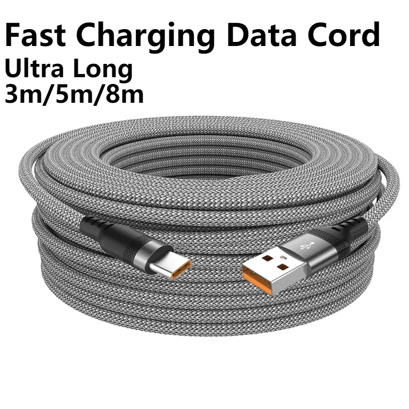 

5A USB Type C Cable 5m/8m Ultra Long Mobile Phone Fast Charging Data Cord For Samsung S22 Xiaomi 12 Pro Poco F3 X4 GT Oneplus