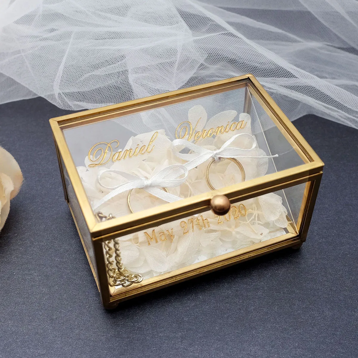 

Personalized Wedding Ring Box Engagement Ring Box Gold Glass Ring Box Custom Glass Ring Holder Engraved Names Date