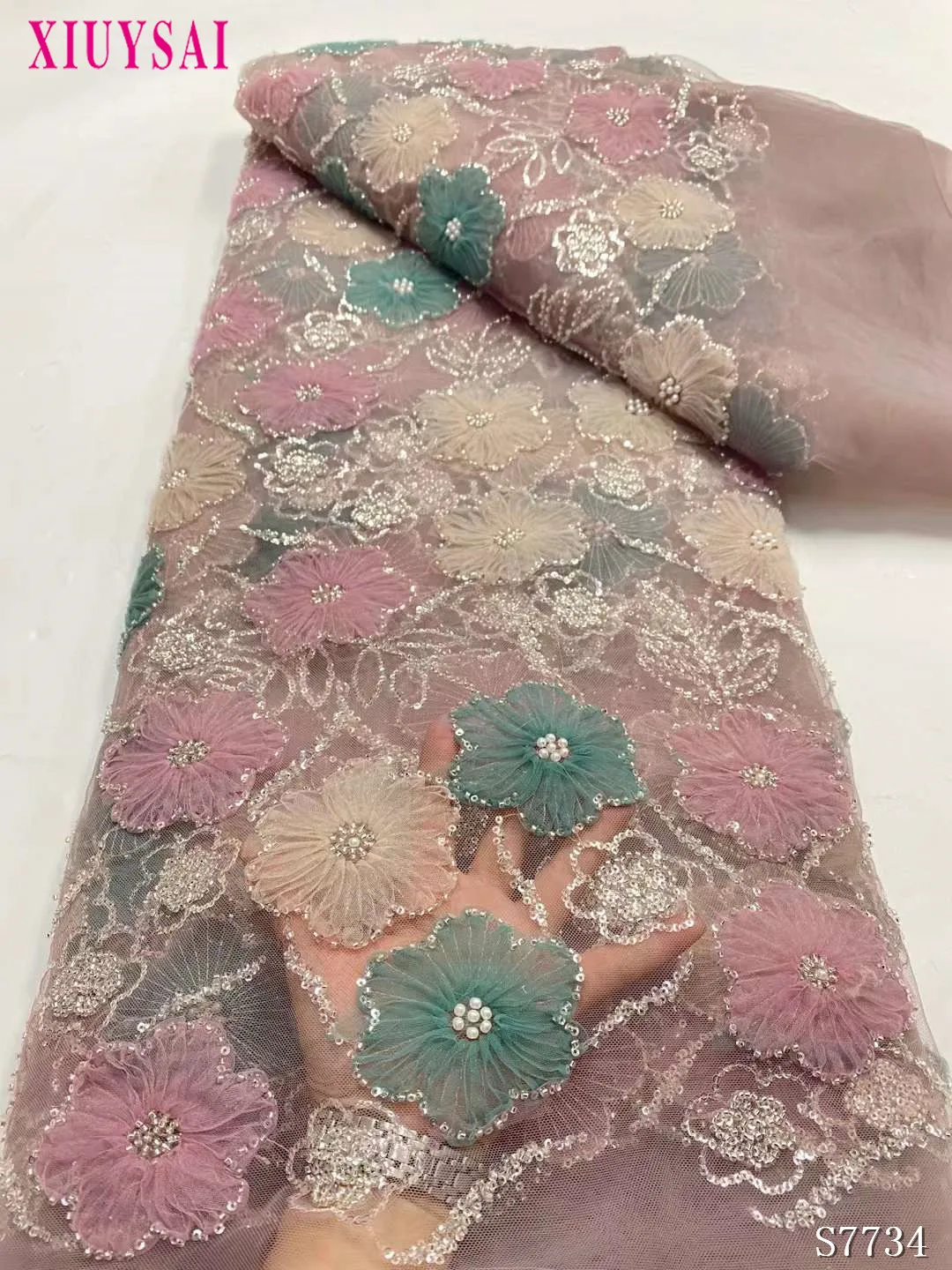 

Pink Handmade French Tulle Lace Fabric 2024 High Quality 3D Flower Embroidery African Beads Lace Fabric for Wedding Dresses